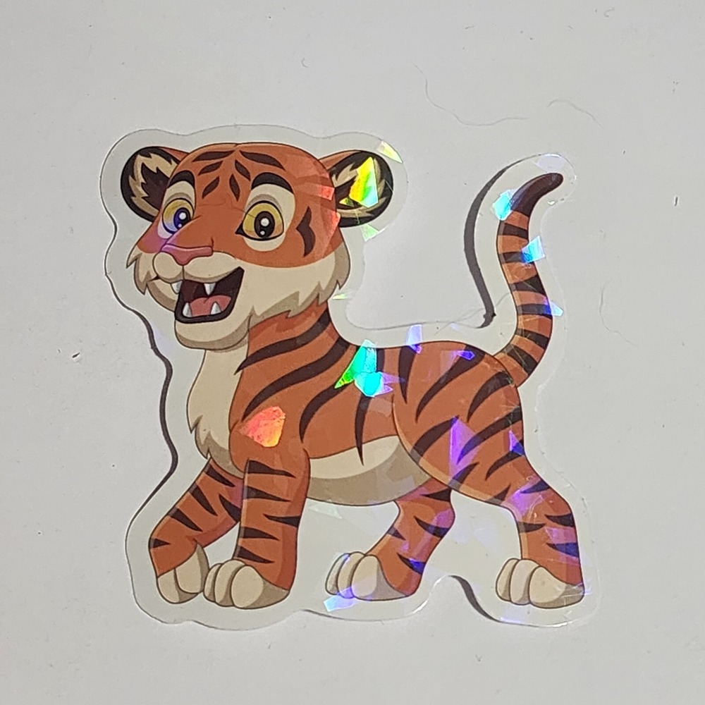 Tiger Cat Cartoon Sticker Decal Orange Black Striped Shiny Holographic 2.5"